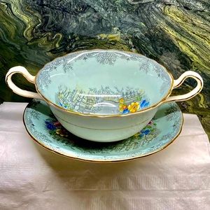 Aynsley Cream Soup Bowl and Saucer Queen’s Garden Blue Enameled Scalloped.